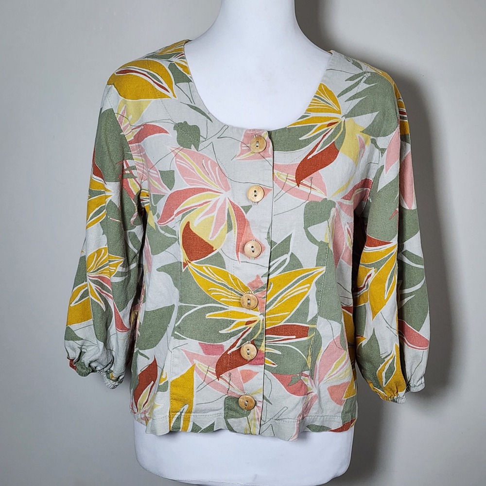 Sabrina Butterfly Linen Blend Floral Blouse Top Womens XS Cottage Relaxed Fit